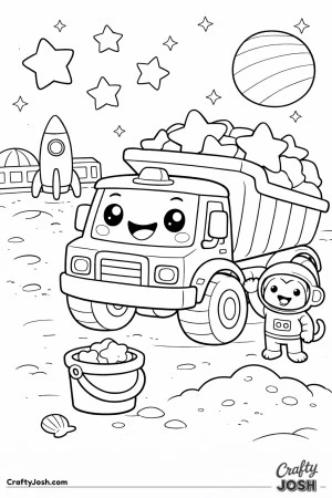 This playful dump truck coloring page features a happy futuristic truck delivering star-shaped blocks on the moon with a monkey astronaut helper ..