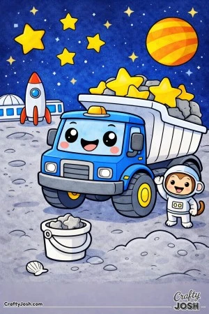 This playful dump truck coloring page features a happy futuristic truck delivering star-shaped blocks on the moon with a monkey astronaut helper ..