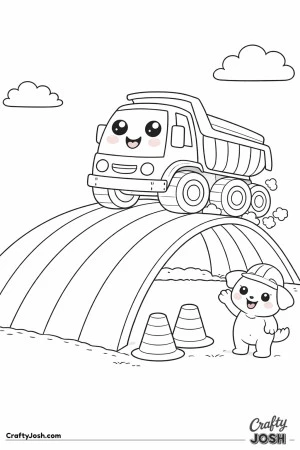 This dump truck coloring page shows a rounded truck driving along a giant rainbow road at a playful construction site