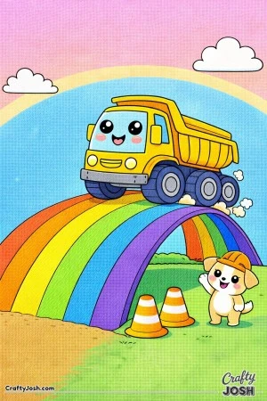 This dump truck coloring page shows a rounded truck driving along a giant rainbow road at a playful construction site