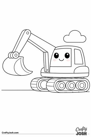 This kawaii-style digger coloring page features a cute side-view excavator with big oval eyes and a rounded bucket