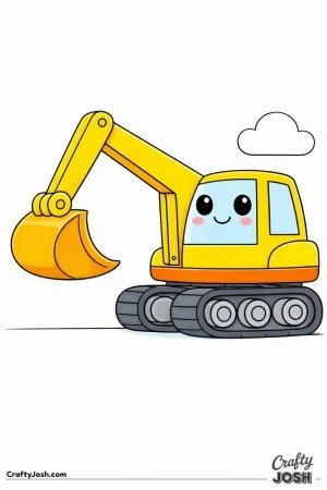 This kawaii-style digger coloring page features a cute side-view excavator with big oval eyes and a rounded bucket