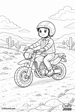 Confident young boy riding a dual-sport motorcycle along a quiet desert path with cacti and rolling hills in the background