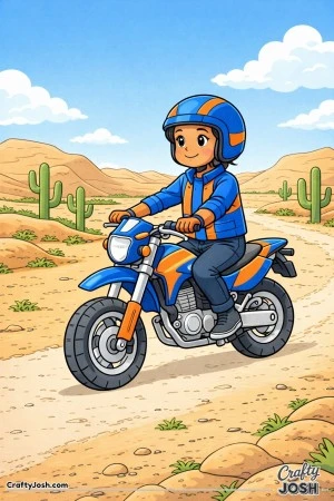 Confident young boy riding a dual-sport motorcycle along a quiet desert path with cacti and rolling hills in the background