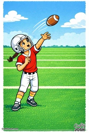 A young quarterback lofts a gentle forward pass while watching the ball rise into the air over the middle of the field