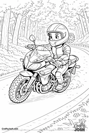 A confident young rider leans gently into a curve on a forest road while riding a street motorcycle.