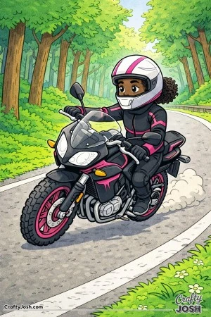 A confident young rider leans gently into a curve on a forest road while riding a street motorcycle.