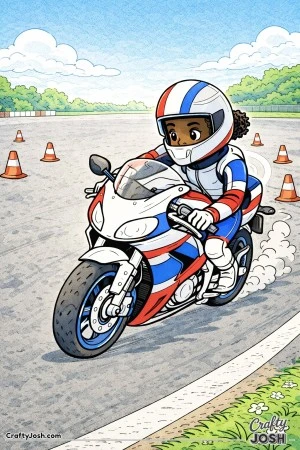 A focused young rider practices precise control by guiding a race motorcycle through a set of training cones in an open practice area.