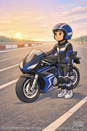 Thoughtful young boy standing beside a race motorcycle on a quiet racetrack in the early morning