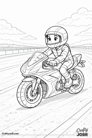 Focused young boy riding a sleek race bike along a straight section of racetrack with barriers and open sky in the background