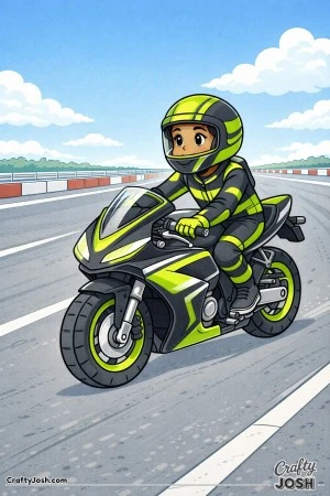 Focused young boy riding a sleek race bike along a straight section of racetrack with barriers and open sky in the background