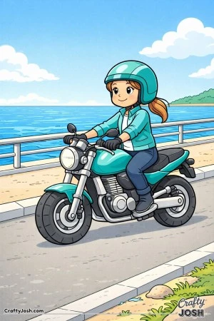 Confident young girl riding a street motorcycle along a calm waterfront path with simple railings, water, and clouds