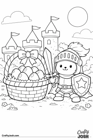 A smiling bunny dressed as a knight stands beside a basket filled with eggs, holding a sword and shield in front of tall castle towers under a sunny ..