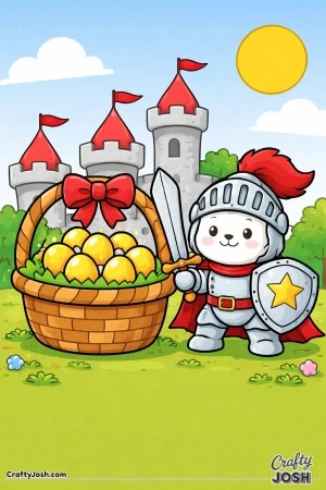 A smiling bunny dressed as a knight stands beside a basket filled with eggs, holding a sword and shield in front of tall castle towers under a sunny ..