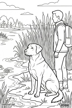 Labrador with hiker in wetlands