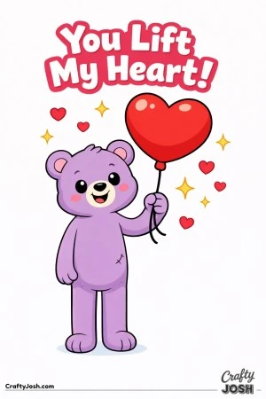 Tall teddy bear holds a large heart-shaped balloon with the phrase “You Lift My Heart!” above