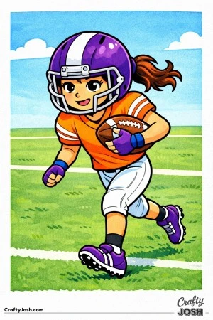 A young football player runs lightly across the field with quick steps while holding the ball securely and staying focused on her path
