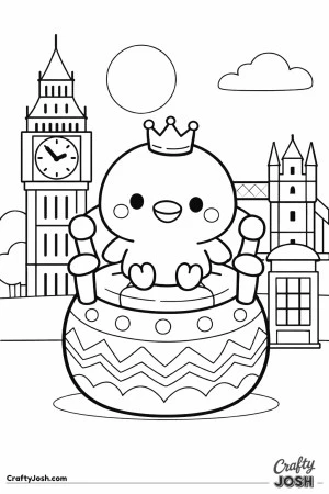 A cute chick wearing a tiny crown sits on a decorated egg throne with Big Ben, Tower Bridge, a sun, a cloud, and a red phone booth in the background