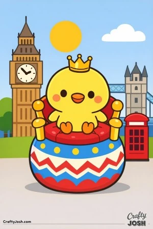 A cute chick wearing a tiny crown sits on a decorated egg throne with Big Ben, Tower Bridge, a sun, a cloud, and a red phone booth in the background