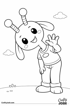 A long-neck alien bends down toward the viewer and waves with a big friendly smile.