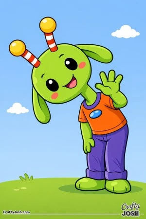 A long-neck alien bends down toward the viewer and waves with a big friendly smile.