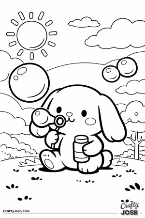 A cute lop-eared bunny sits on a grassy hill and blows big bubbles with a bubble wand while holding a bubble bottle