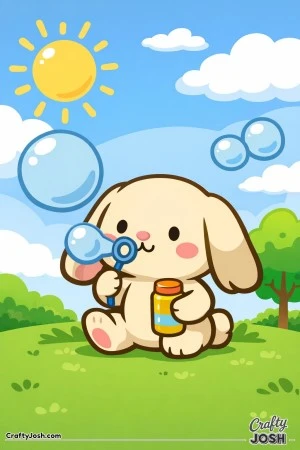 A cute lop-eared bunny sits on a grassy hill and blows big bubbles with a bubble wand while holding a bubble bottle