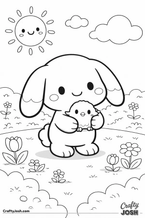 A sweet lop-eared bunny is gently holding a tiny chick while standing outside with a smiling sun, clouds, grass, bushes, and simple flowers