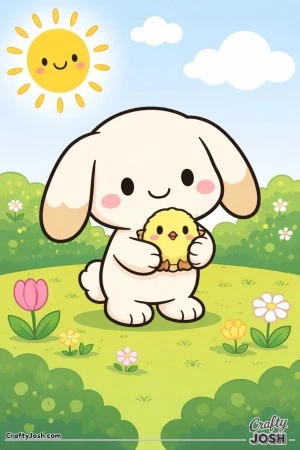 A sweet lop-eared bunny is gently holding a tiny chick while standing outside with a smiling sun, clouds, grass, bushes, and simple flowers