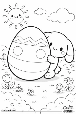 A cute lop-eared bunny is peeking from behind a large decorated egg in a simple outdoor scene with a smiling sun, clouds, grass, and flowers