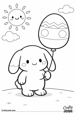 A cute lop-eared bunny is standing outside holding a large egg-shaped balloon, with a smiling sun, clouds, butterfly, flowers, and bushes all around