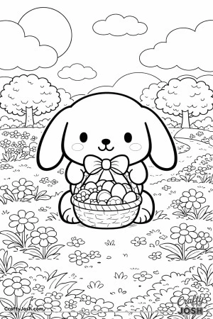 This image shows a cute lop-eared bunny holding a basket with a big bow, filled with eggs, sitting in a sunny meadow with flowers, trees, clouds, and ..