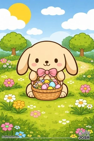This image shows a cute lop-eared bunny holding a basket with a big bow, filled with eggs, sitting in a sunny meadow with flowers, trees, clouds, and ..