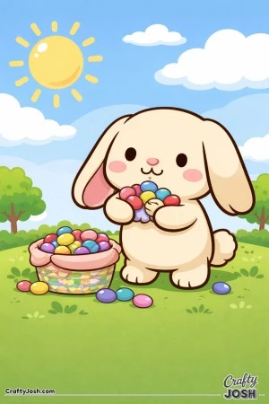 A cute lop-eared bunny is standing on the grass while holding a big handful of jellybeans next to a basket full of jellybeans