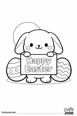 A cute lop-eared bunny with floppy ears is holding a big “Happy Easter” sign, with two decorated Easter eggs and a simple round sun behind it
