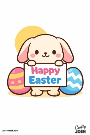 A cute lop-eared bunny with floppy ears is holding a big “Happy Easter” sign, with two decorated Easter eggs and a simple round sun behind it