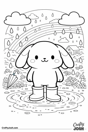 A cute lop-eared bunny is standing in a puddle while rain falls from two clouds, with a rainbow, umbrella, flowers, bushes, and a little house in the ..