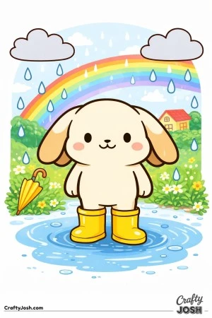 A cute lop-eared bunny is standing in a puddle while rain falls from two clouds, with a rainbow, umbrella, flowers, bushes, and a little house in the ..