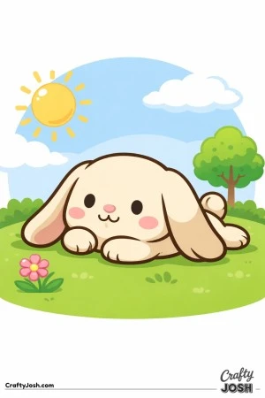 A cute lop-eared bunny is laying on its tummy in the grass with the sun, clouds, a tree, and a flower in the background