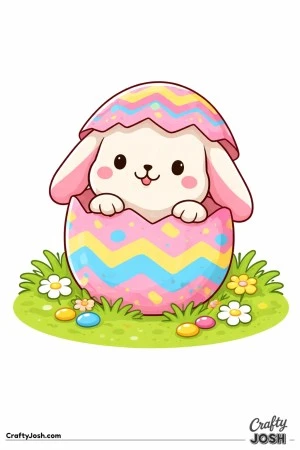 A cute lop-eared bunny is peeking out from a cracked Easter egg shell surrounded by grass, flowers, and small round stones