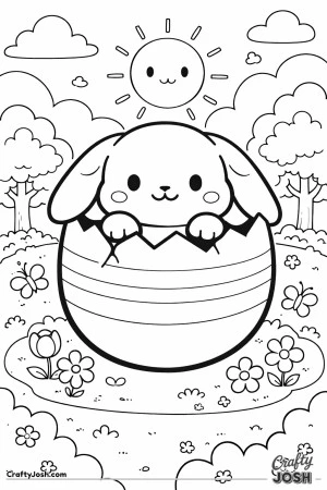 A cute lop-eared bunny is popping out of a cracked egg in a sunny garden with clouds, trees, flowers, and butterflies