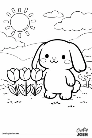 A cute lop-eared bunny is standing next to three tulips on a grassy hill with the sun, clouds, and a tree in the background