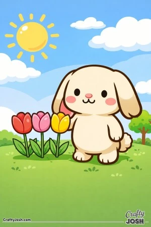 A cute lop-eared bunny is standing next to three tulips on a grassy hill with the sun, clouds, and a tree in the background