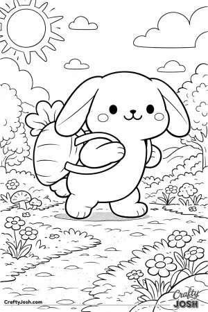 A cute lop-eared bunny is walking on a path with a carrot-shaped backpack, surrounded by trees, flowers, mushrooms, clouds, and a shining sun