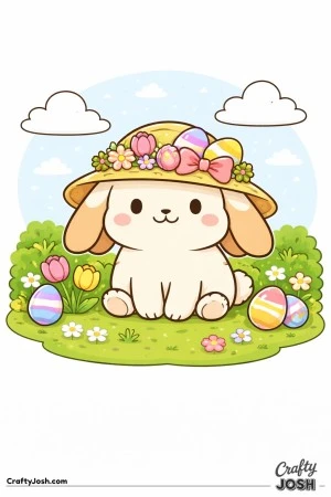 A cute lop-eared bunny is sitting on a grassy patch wearing a decorated Easter hat, with patterned eggs, flowers, bushes, and clouds around it