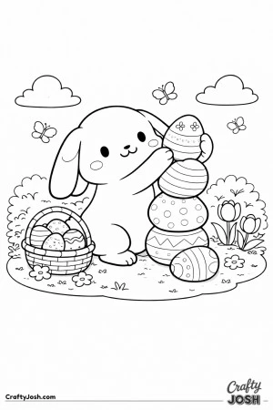 A cute lop-eared bunny is stacking a tall pile of decorated eggs next to a basket of eggs, with butterflies, clouds, flowers, and bushes around it