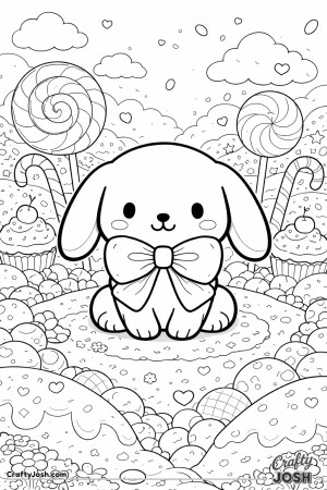 This image shows a cute lop-eared bunny with a giant bow sitting in the middle of a candy land with lollipops, cupcakes, candy canes, clouds, and ..