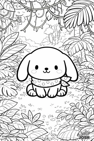 This image shows a cute lop-eared bunny wearing a polka dot scarf, sitting in the center of a jungle filled with large leaves and hanging vines