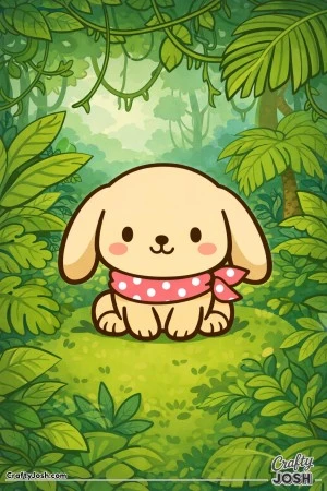 This image shows a cute lop-eared bunny wearing a polka dot scarf, sitting in the center of a jungle filled with large leaves and hanging vines