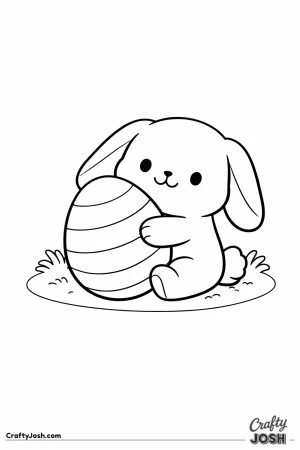 A cute lop-eared bunny is sitting on the grass while hugging a big striped Easter egg